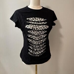 Y2K Popular Sports Black Cut Out with Cheetah Print Shirt Size Women's XL